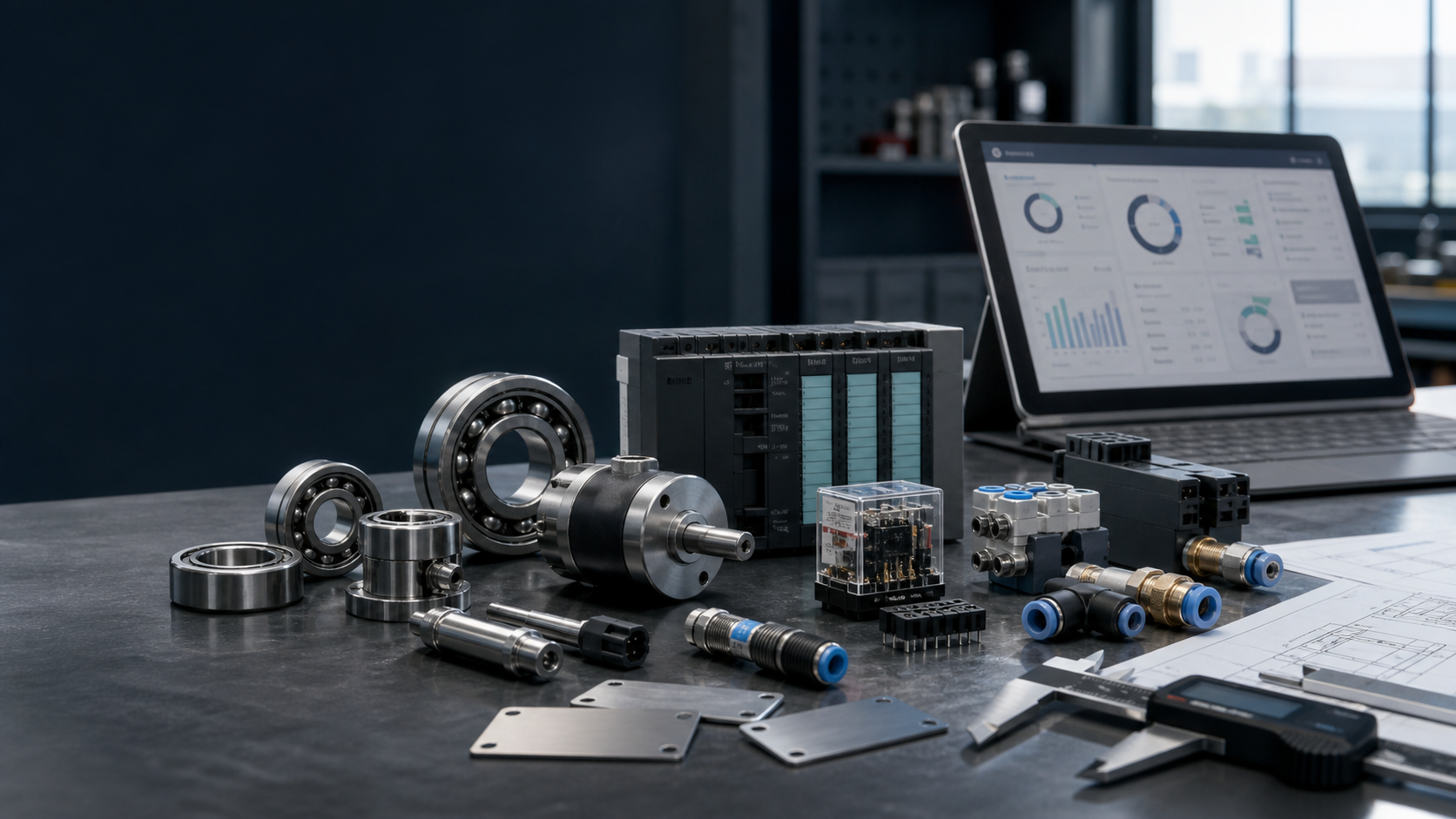 Industrial spare parts, bearings, sensors, pneumatic fittings and quotation review dashboard on a workbench